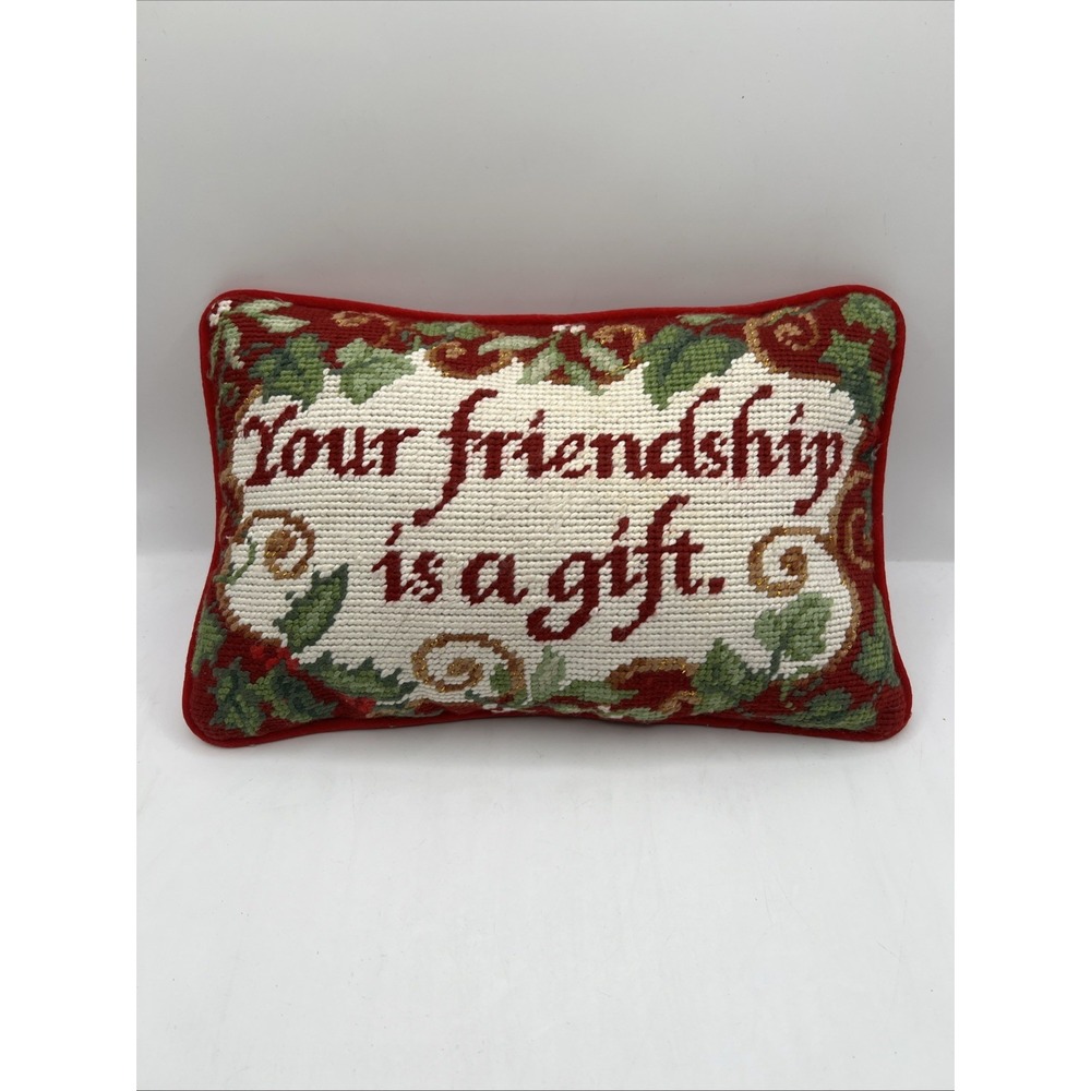 Small Needlepoint Pillow Your Friendship Is A Gift Red Velvet Back 12in x 8in